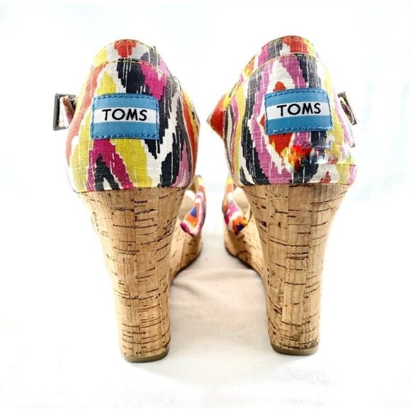 Toms Womens Sienna Cork Wedge Sandals Size 8.5 Multicolor Ikat Aztec Boho Summer - Picture 5 of 8